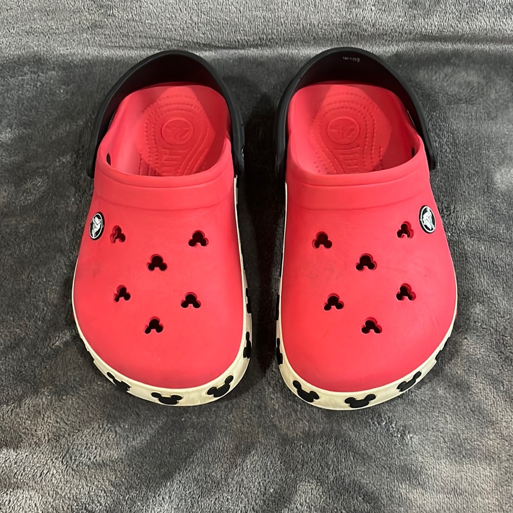 Crocs Crocband Mickey Mouse Sz J-2 Red/Black/White GUC